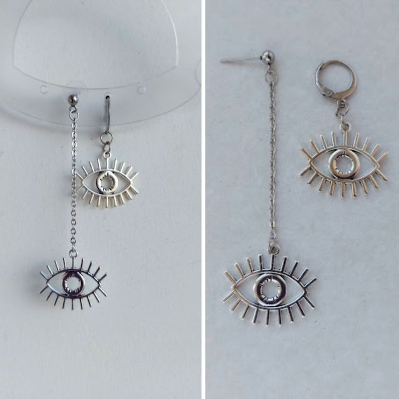 不对称邪眼银耳环 不对称耳环 可爱另类耳环 Y2k - 耳环/耳夹 - 其他金属 银色