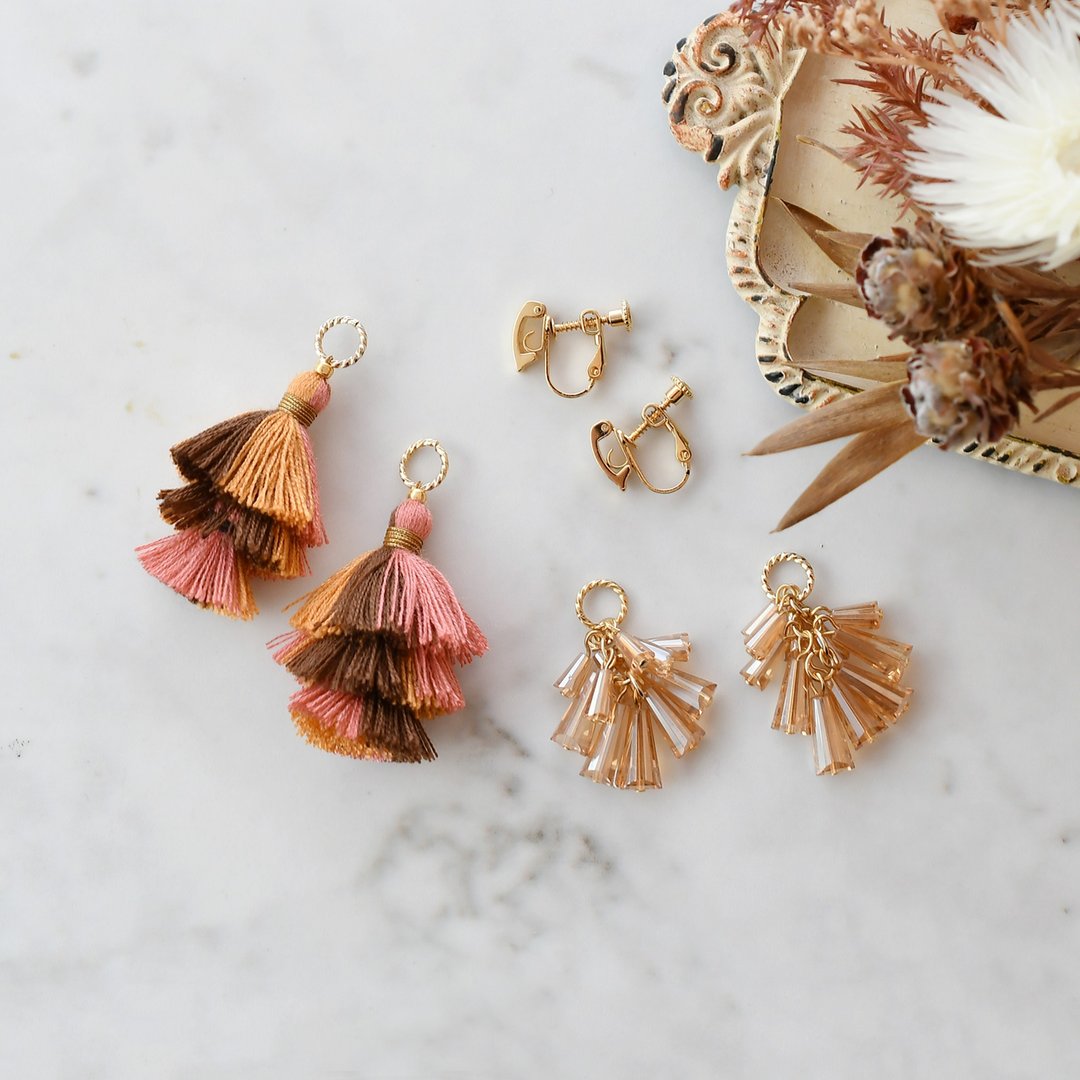 3WAY tassel earrings/Orange Pink - 耳环/耳夹 - 绣线 咖啡色