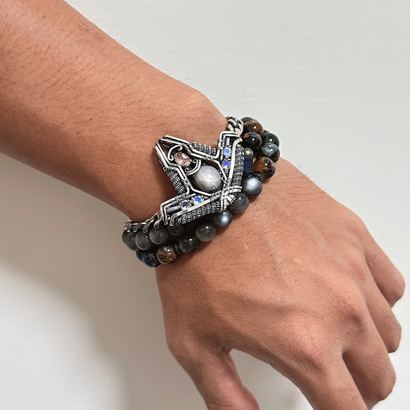 蓝宝星石手环 项链两用 月光石 太阳石 - 手链/手环 - 宝石 银色