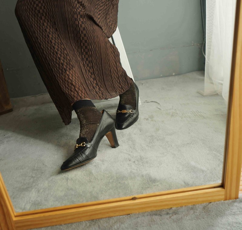 欧洲杂货-意大利制复古黑色抓皱链条真皮高跟尖头鞋-39号 - 高跟鞋 - 真皮 黑色