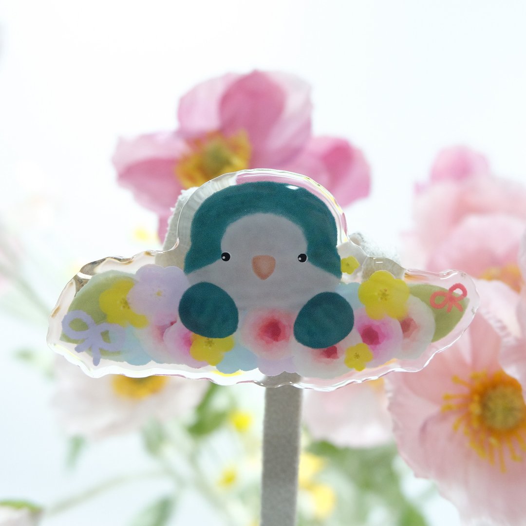蓝和尚鹦鹉和水彩花花发夹 蓝和尚鹦鹉发夹 万用夹 - 发饰 - 树脂 