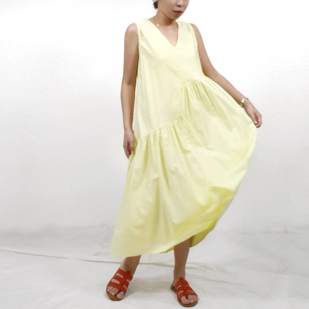 Charlotte Dress- Citrus Lemon V领无袖宽松A形连衣裙 - 洋装/连衣裙 - 棉．麻 黄色