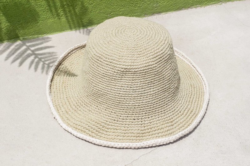  七夕情人节礼物 限量一件 南美旅行风 编织棉麻帽/编织帽/渔夫帽/遮阳帽/草帽/手工编织棉麻帽/钩织棉麻帽/画家帽/设计帽- 马卡龙绿茶慕斯蛋糕 条纹 手织帽 - 帽子 - 棉．麻 绿色
