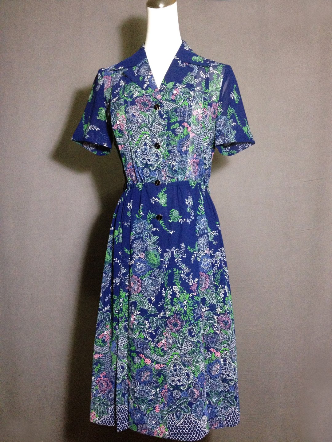 乒乓古着 [ 古着洋装/ 印花雪纺古着长洋装 ] 国外带回 VINTAGE - 洋装/连衣裙 - 聚酯纤维 蓝色