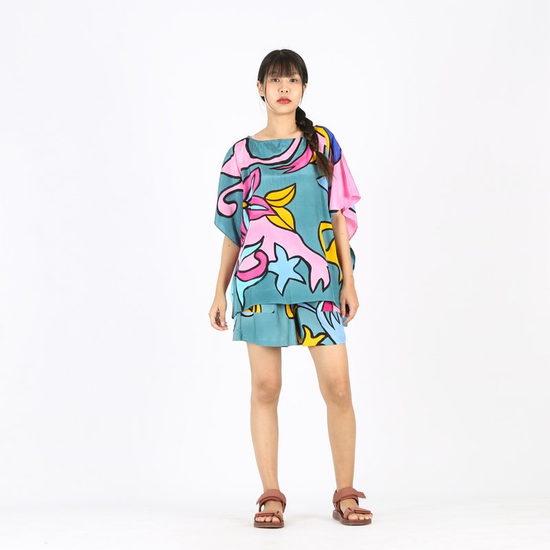 Poncho Blouse Cotton Silk Hand Painted for Summer - 女装上衣 - 棉．麻 蓝色