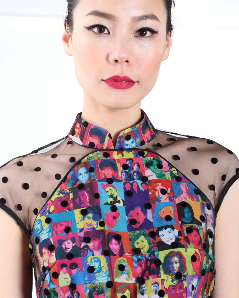 香港日与夜系列- 香港着名偶像黑色网印花旗袍 - 洋装/连衣裙 - 聚酯纤维 