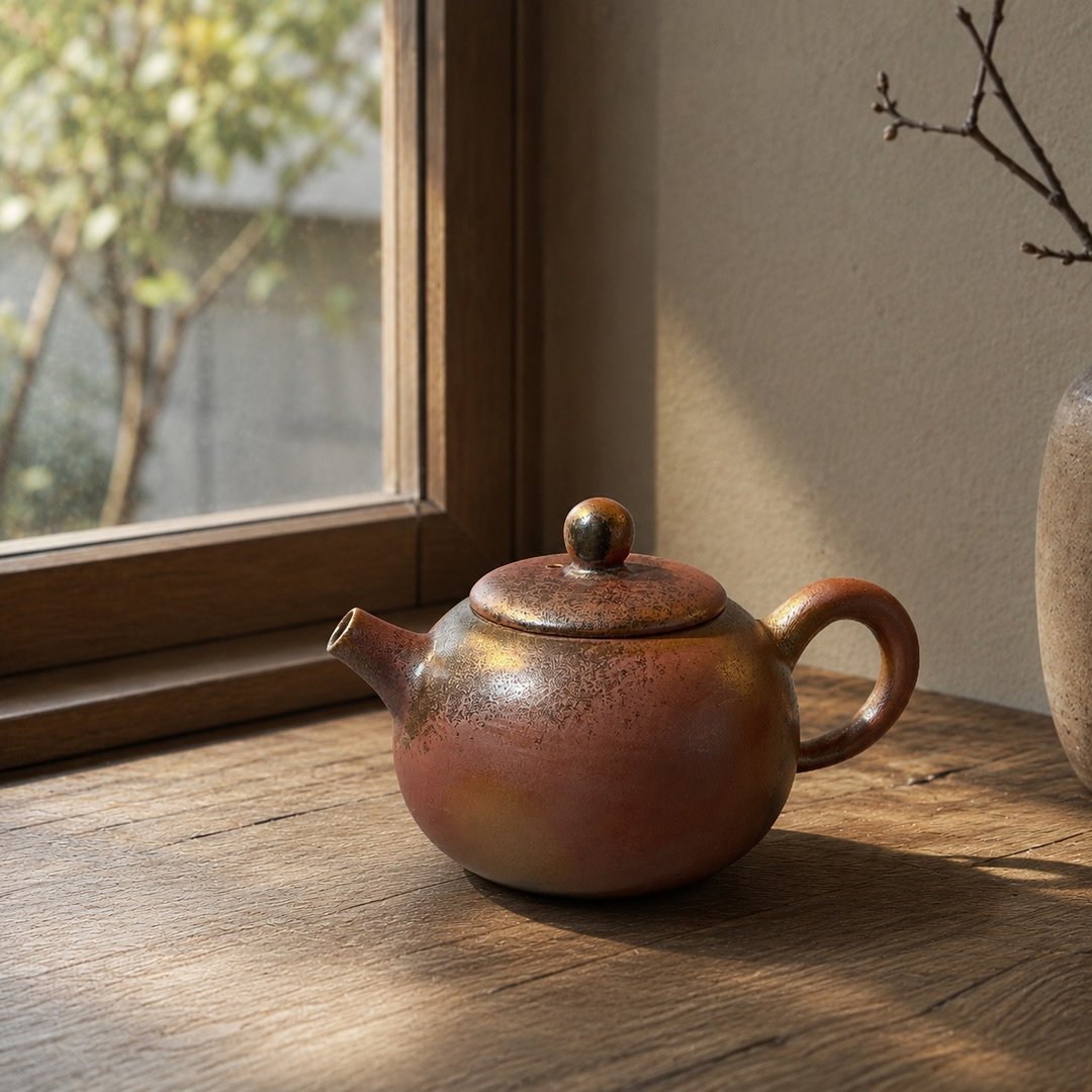 柴烧古朴落灰玫瑰金彩茶壶 / 小平凡手作 - 茶具/茶杯 - 陶 