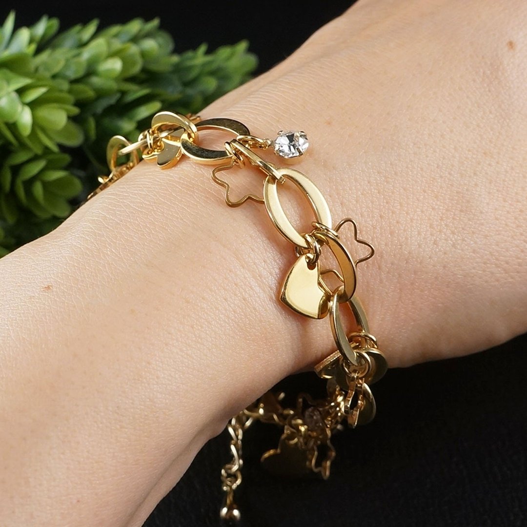 Golden Heart Star Swarovski Crystal Charm Large Chain Bracelet Woman Jewelry - 手链/手环 - 其他金属 金色