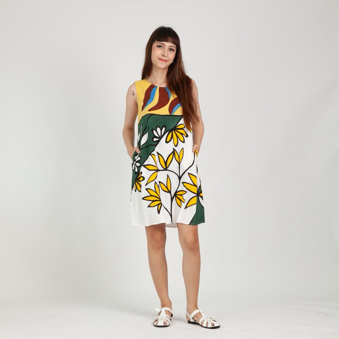 Flower Short Dress Cotton Rayon Hand Paint For Summer Beach - 洋装/连衣裙 - 棉 多色
