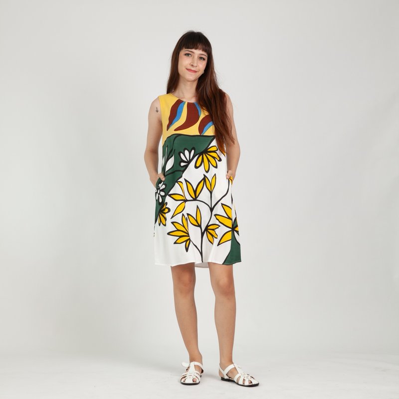 Flower Short Dress Cotton Rayon Hand Paint For Summer Beach - 洋装/连衣裙 - 棉．麻 多色