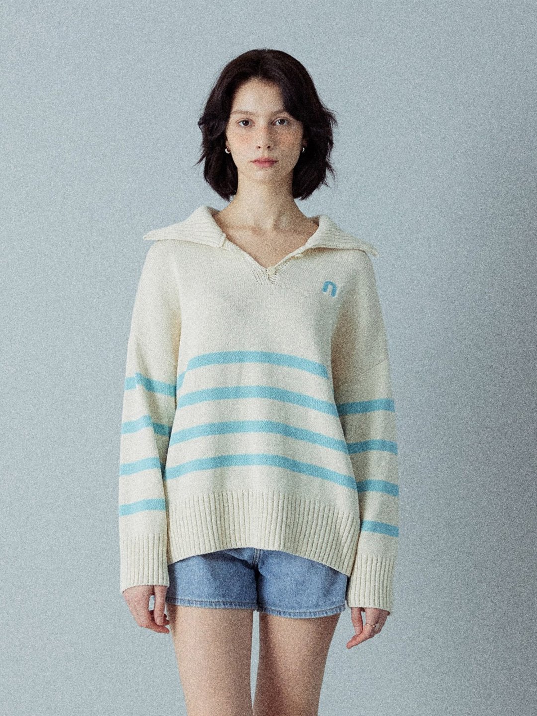 NU 彼得潘领针织上衣_天空浅米色 - 女装衬衫 - 棉 