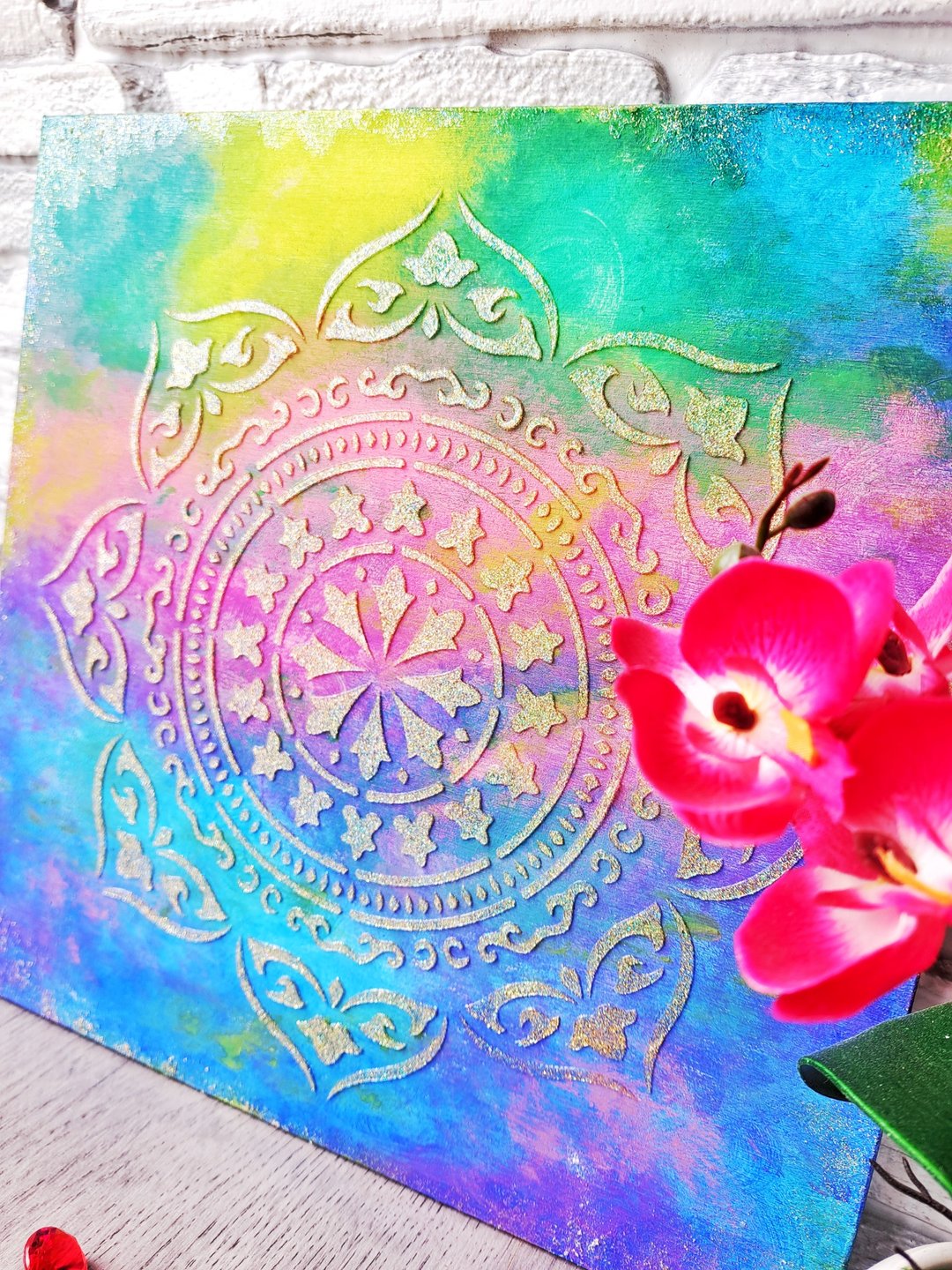 上师和精神继承的曼陀罗纹理绘画在胶合板冥想 - 墙贴/壁贴 - 木头 蓝色