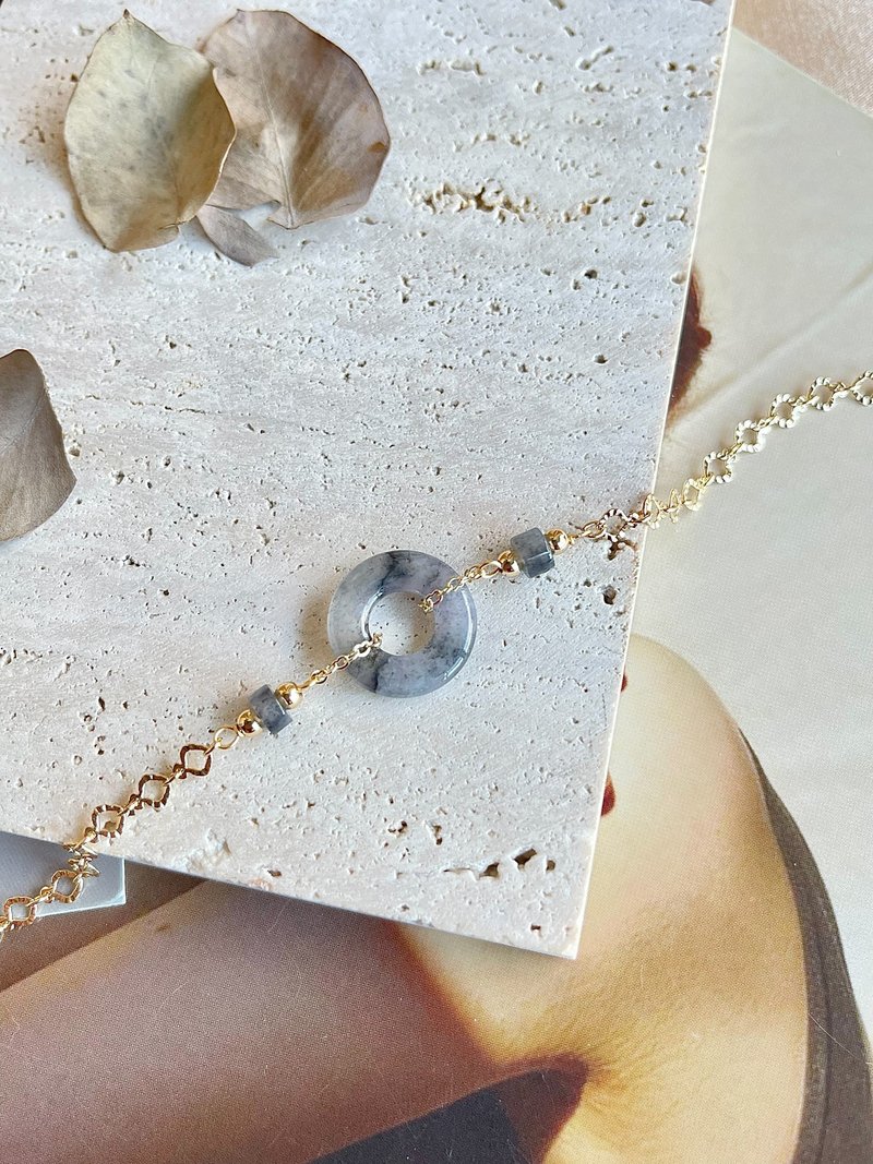 秋冬新时尚-高冰飘乌鸡平安扣翡翠14k包金手链 天然石 玉 礼物 - 手链/手环 - 玉石 黑色