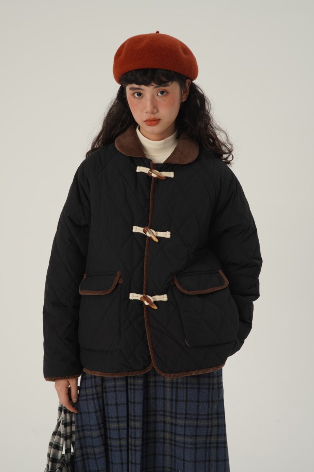 odd maker 两色菱格棉服女冬季新款复古牛角扣设计感百搭小众上衣 - 女装上衣 - 棉 