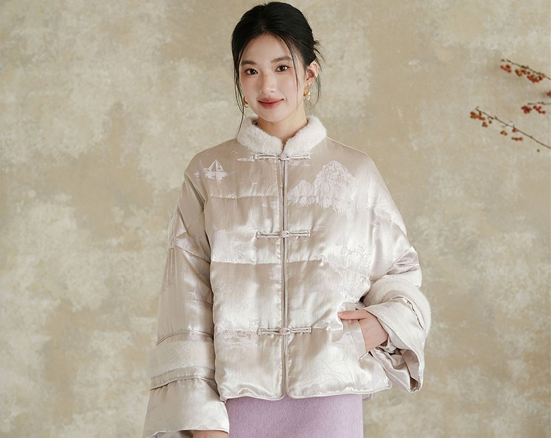 新中式復古中國風 鸭绒提花兔毛领羽绒服 - 女装上衣 - 聚酯纤维 紫色