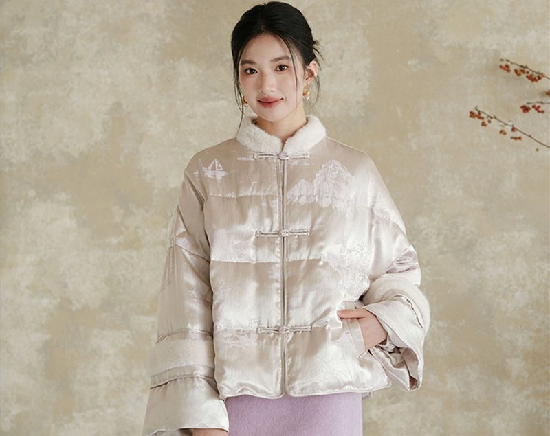 新中式復古中國風 鸭绒提花兔毛领羽绒服 - 女装上衣 - 聚酯纤维 紫色