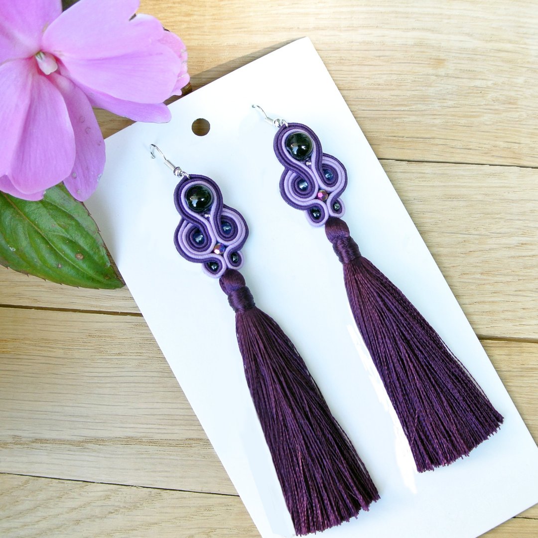 紫色耳環 Tassel earrings long Purple Embroidered soutache Boho Earrings dangle - 耳环/耳夹 - 其他材质 紫色