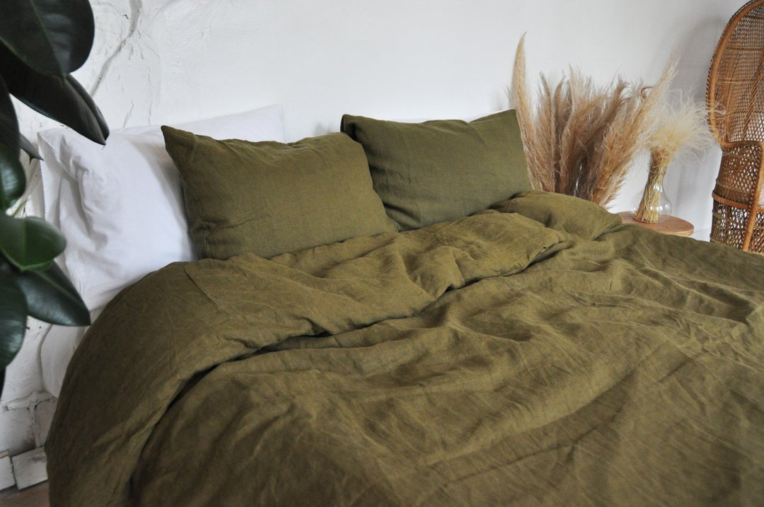Dark olive linen pillowcase / Green pillow cover / Euro, American, Taiwan size - 寝具 - 亚麻 绿色
