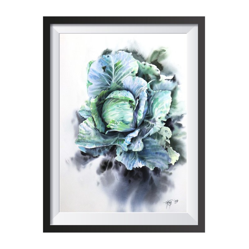 白菜水彩海报打印博物馆质量 Cabbage original watercolor poster by artist Irina Zhunaeva - 海报/装饰画/版画 - 纸 多色