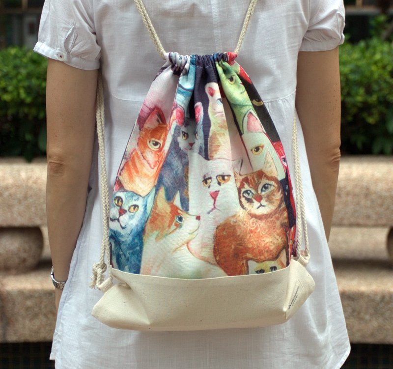 束口后背包/束绳包/束口袋 ~ 猫咪(B40) RS - 束口袋双肩包 - 棉．麻 多色