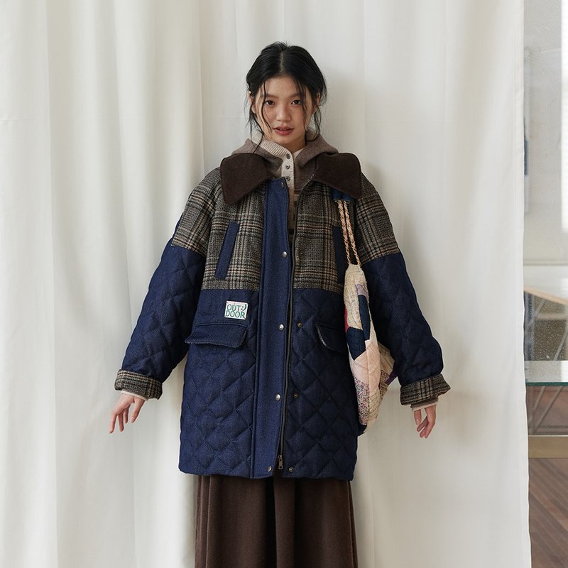 牛仔格纹拼接羽绒服|外套|冬款|Sora-1708 - 女装休闲/机能外套 - 羽绒 