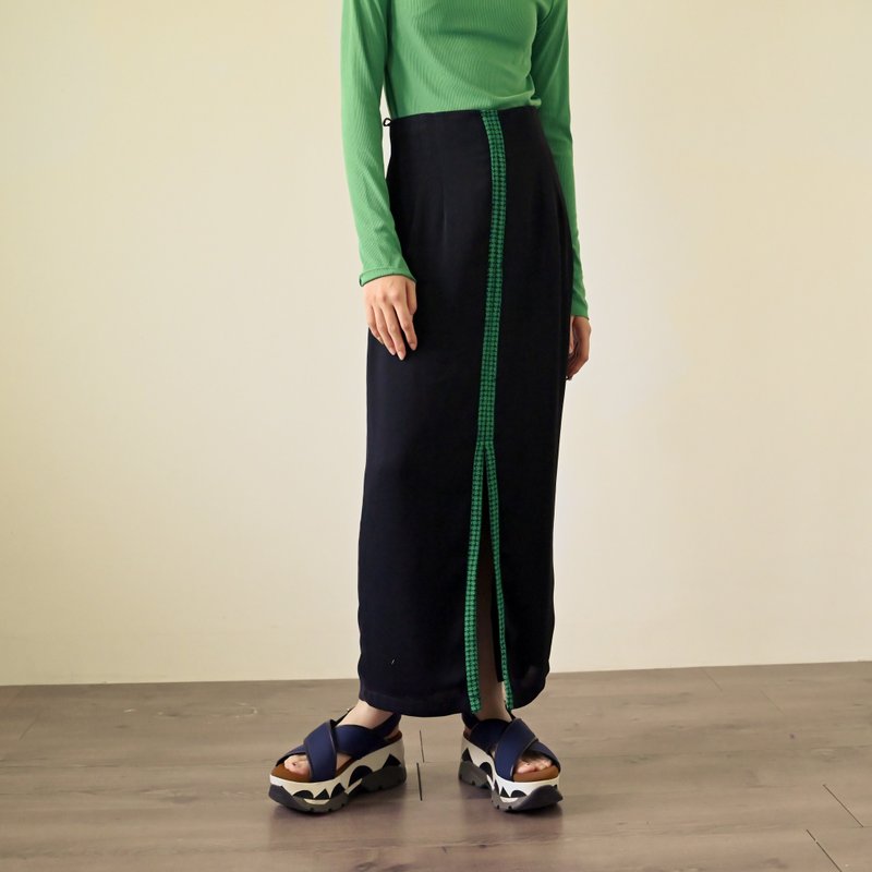 【NaSuBi Vintage】针织缇花拼接高腰古着长裙 - 裙子 - 其他人造纤维 黑色