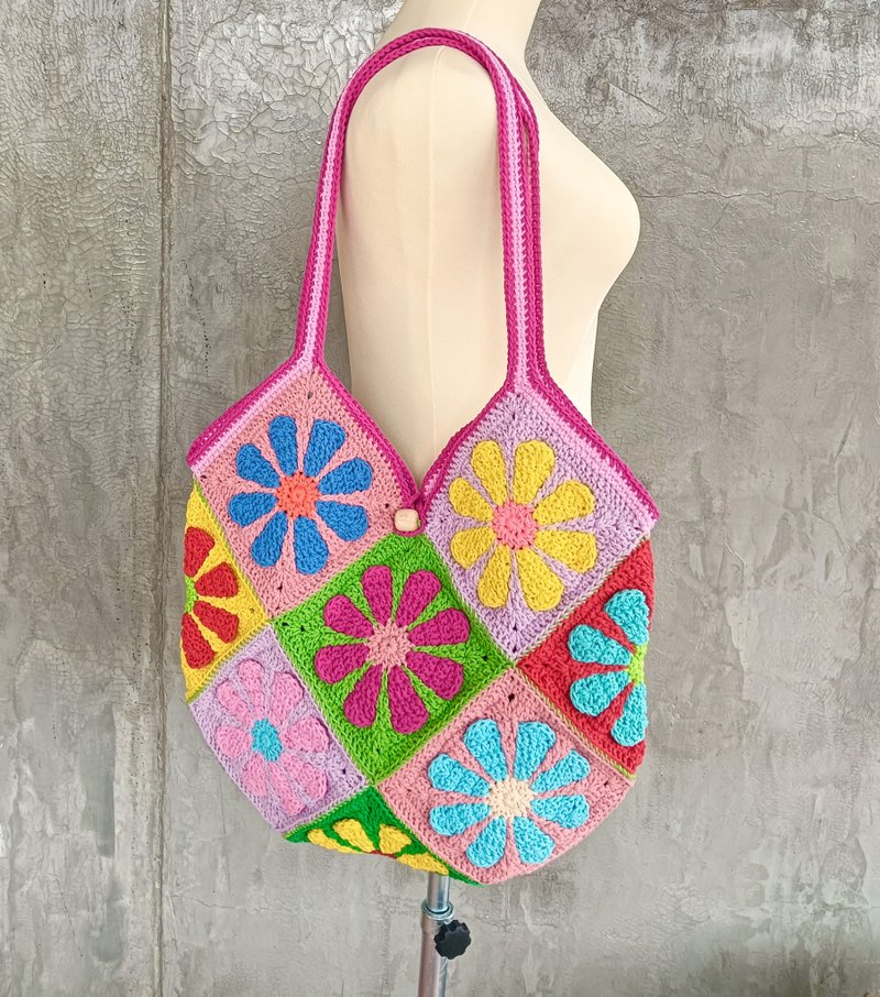 水洗棉绳编织包 Granny Square 花朵造型 - 手提包/手提袋 - 棉．麻 