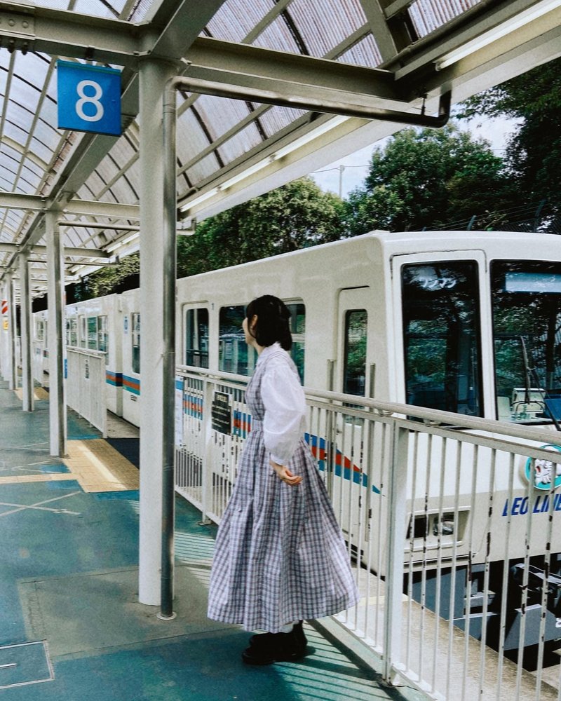 两穿式细褶洋装-紫绿格纹 - 洋装/连衣裙 - 棉．麻 紫色