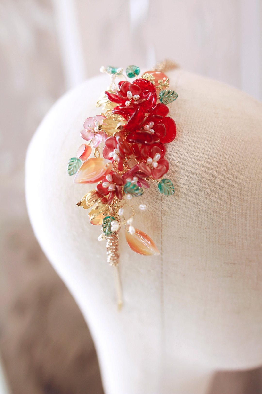 古典琉璃新娘头饰Bridal Headpiece - 发饰 - 玻璃 红色