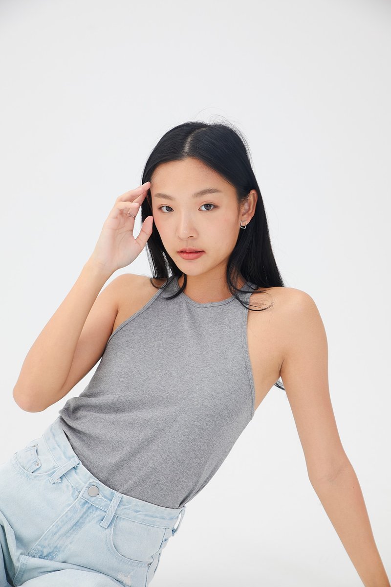 Racer-back tank top - grey - 女装背心 - 棉．麻 灰色