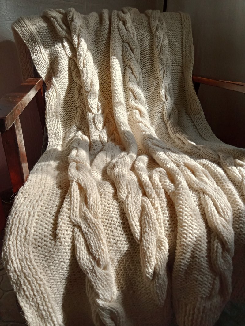 象牙色羊毛毯   手工粗麻针织毯  天然羊毛床沙发套 - 被子/毛毯 - 羊毛 白色