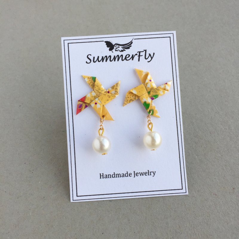 耳夹 耳针—日本折纸风车耳环—珍珠 黄色 - 耳环/耳夹 - 纸 黄色