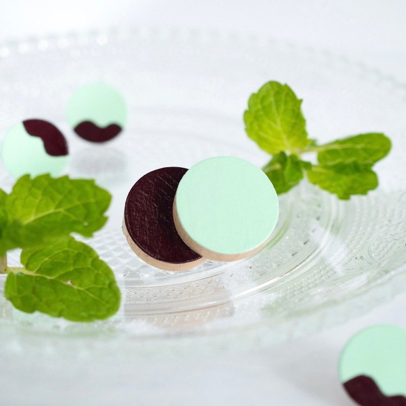 木质迷你双圈胸针巧克力棕和薄荷绿 - 胸针 - 木头 绿色