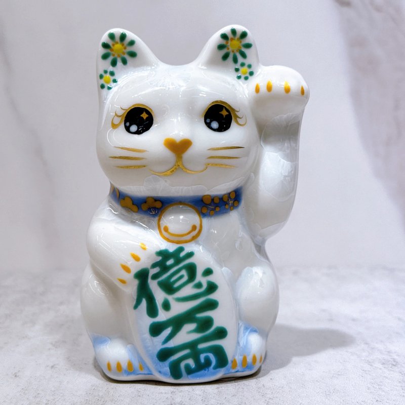 【亿両福猫】日本清水烧招财猫 花结晶 青白 亿万両 左 特小 - 摆饰 - 瓷 白色