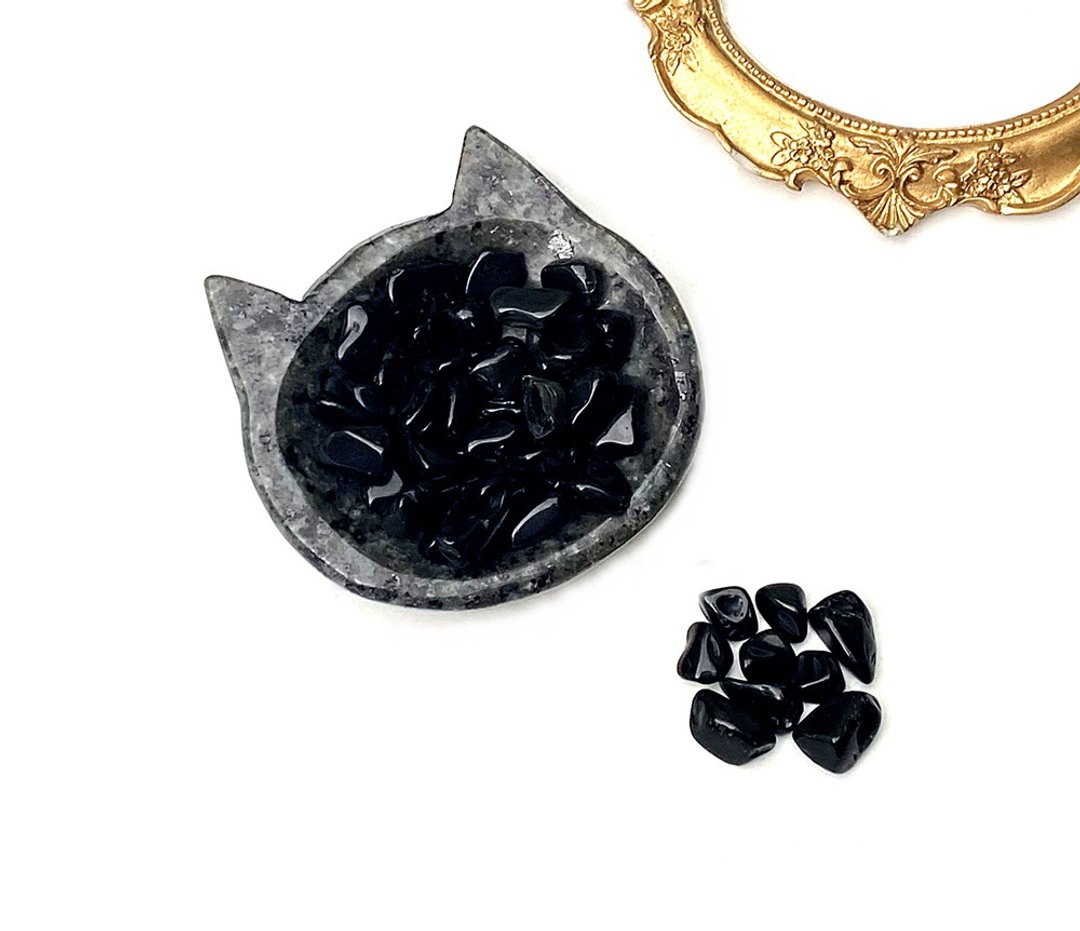 天然火焰石可爱猫咪盘x大颗粒黑曜石 能量净化充电消磁套组 - 其他 - 水晶 黑色