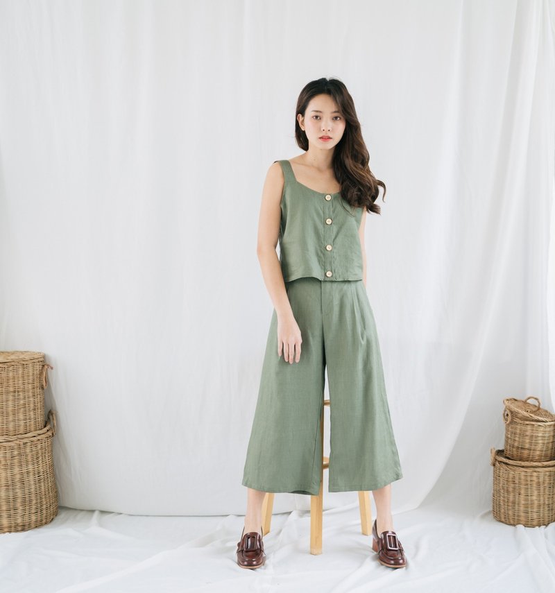无袖上衣裤 两件式 - 橄榄绿 - 女装背心 - 亚麻 绿色