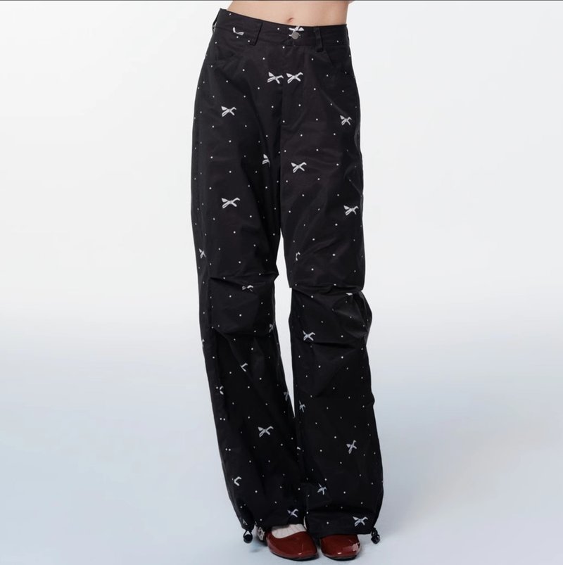 英伦高街 蝴蝶结波点工装裤高腰休闲阔腿裤宽松 - 女装长裤 - 其他材质 黑色