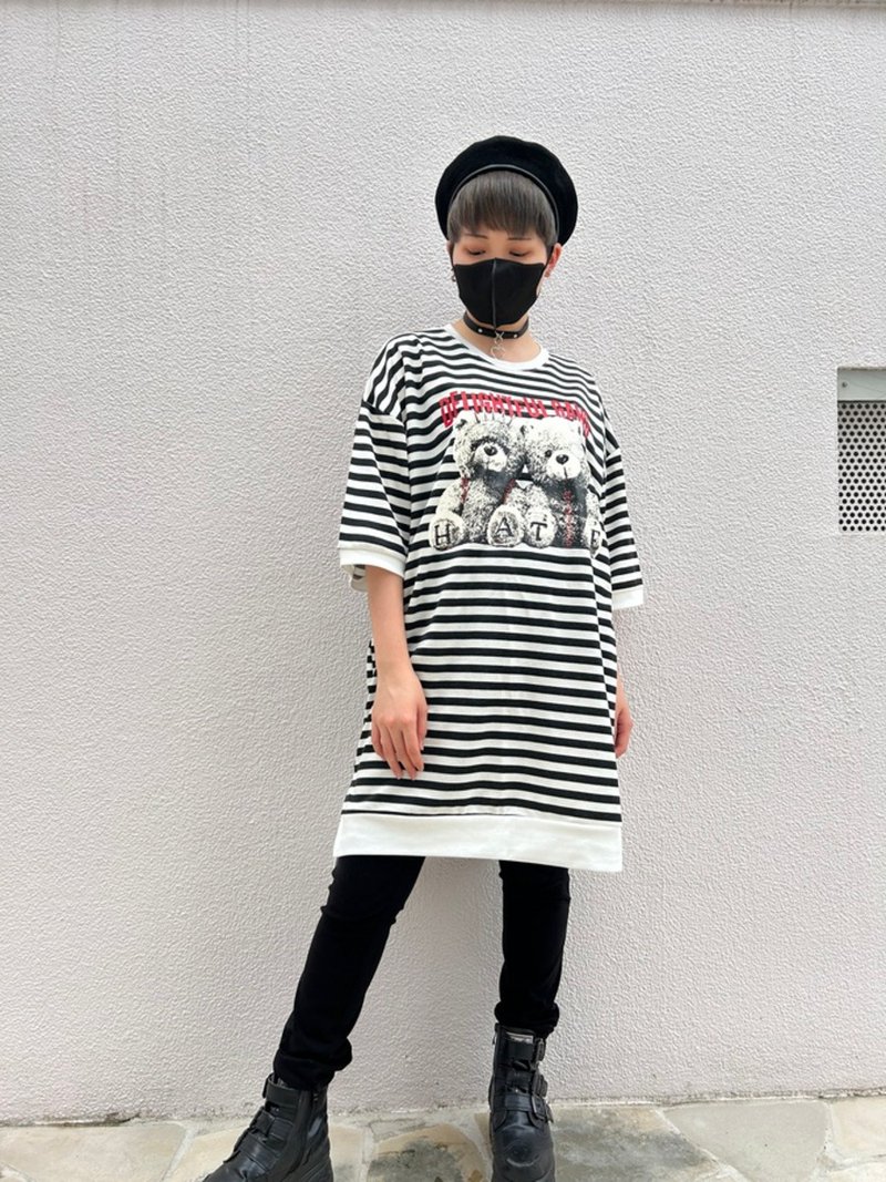 熊熊条纹宽版T恤/条纹/均码/hellcatpunks/hcp-t-0217 - 女装 T 恤 - 聚酯纤维 多色