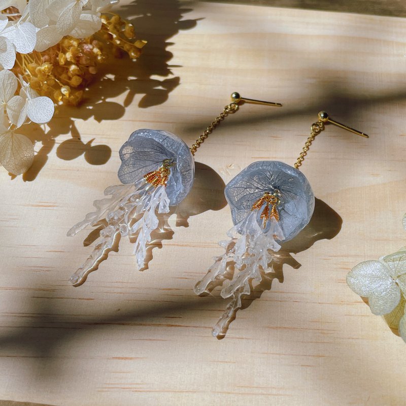 悠游海月 浅缥蓝 925银针耳环/无痛耳夹 - 耳环/耳夹 - 植物．花 蓝色