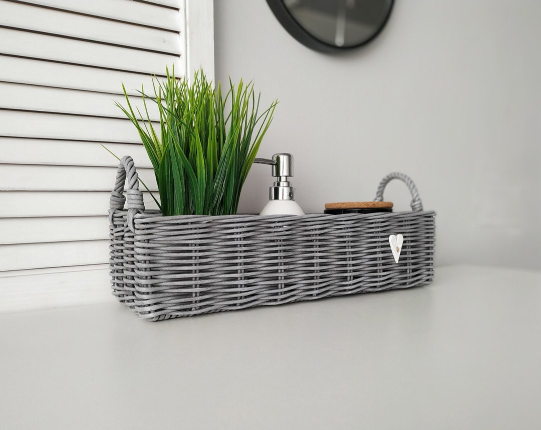 Grey woven storage box for shelf. Long wicker basket. Home bathroom decor - 收纳用品 - 防水材质 灰色