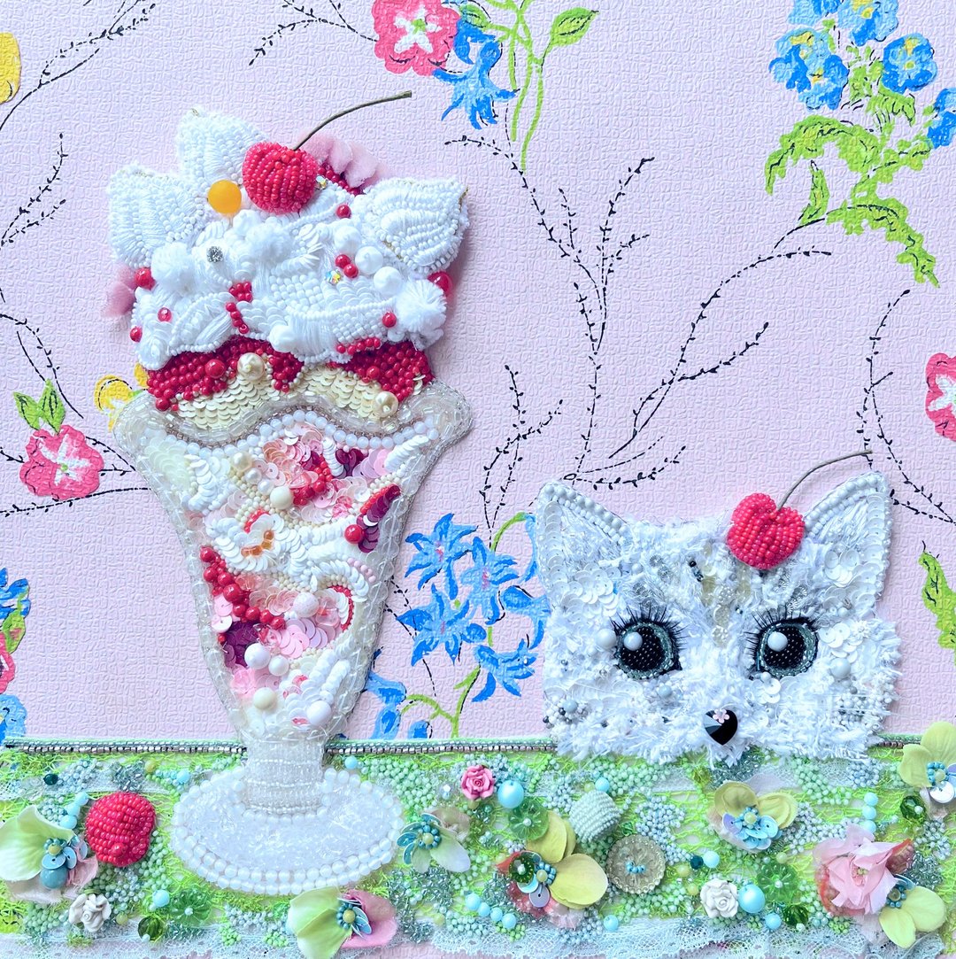 串珠 刺绣 艺术　猫和芭菲 - 墙贴/壁贴 - 绣线 