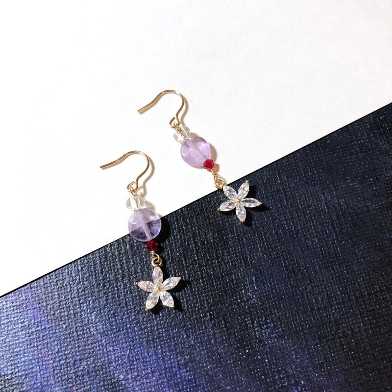 栀子花 紫水晶耳环 精致优雅 14KGF 天然水晶 - 耳环/耳夹 - 水晶 紫色