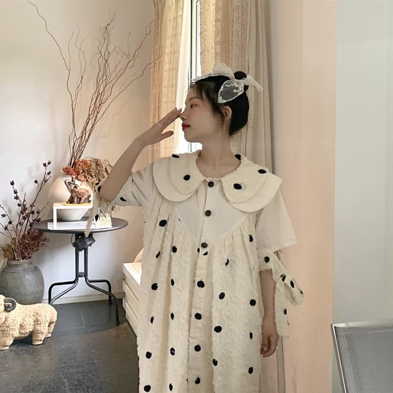 重工雪紡 剪花流苏 娃娃领洋裝 別緻剪裁 寬鬆 - 洋装/连衣裙 - 棉．麻 白色