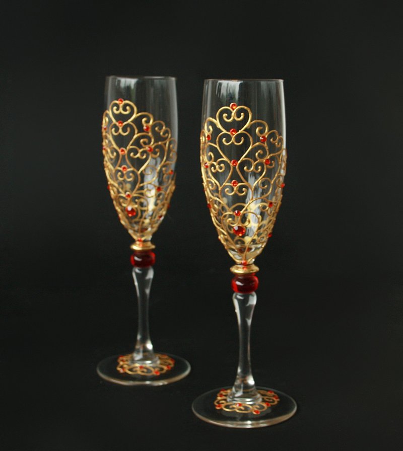 红金婚礼眼镜香槟施华洛世奇生命之树 - 酒杯/酒器 - 玻璃 红色