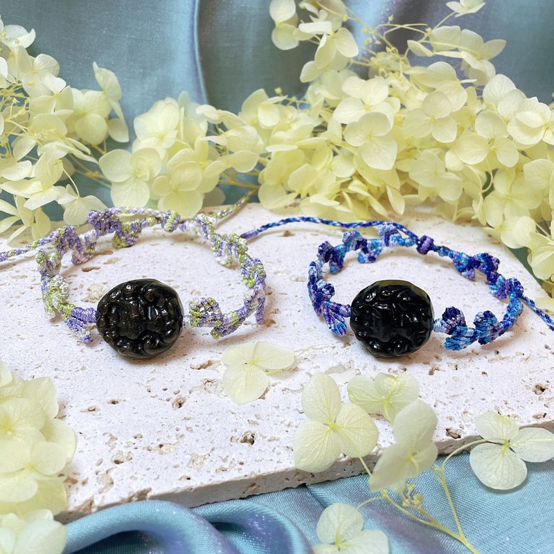 金曜石黑曜石可爱九尾狐藤叶编织手链 - 手链/手环 - 玉石 黑色