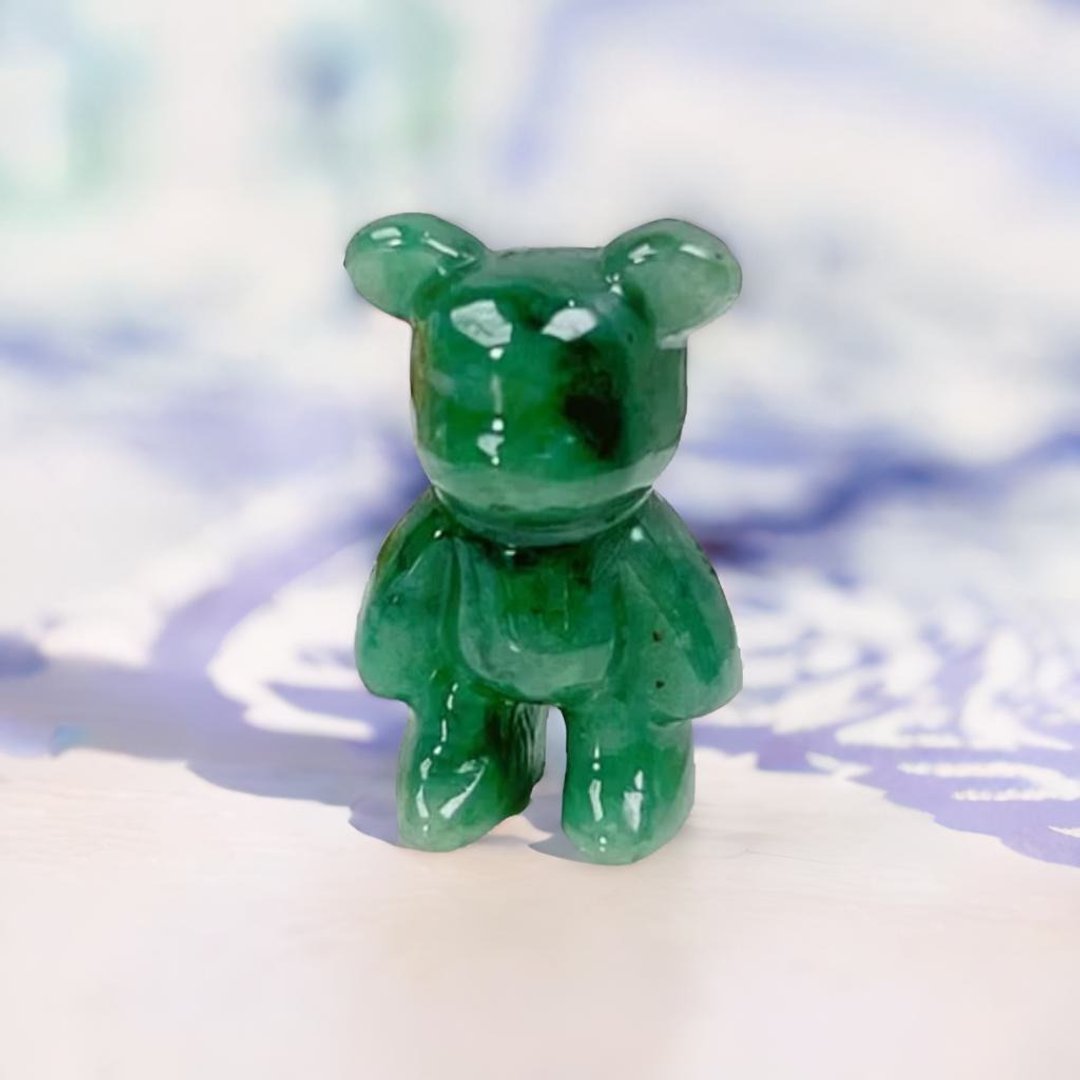 【熊熊玉见你】满绿飘花可爱小熊摆饰 | 天然缅甸翡翠A货 | 送礼 - 摆饰 - 玉石 绿色