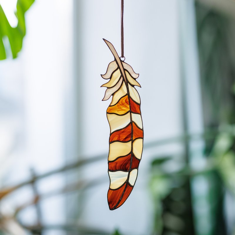 彩色玻璃猫头鹰羽毛捕光器挂在窗户上 - 大自然智慧的礼物 - 摆饰 - 玻璃 橘色