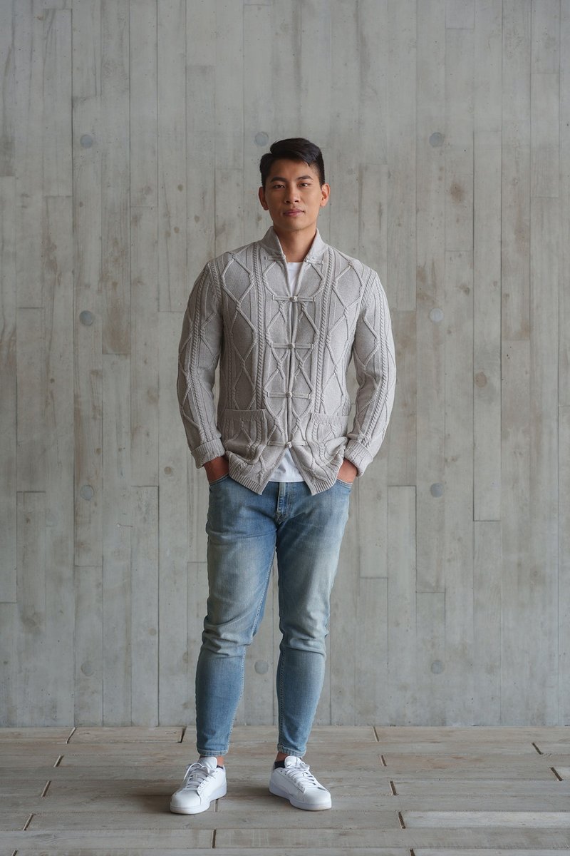 麻花针织唐装外套 (浅灰色)| 香港设计 | 经典 - 男装外套 - 羊毛 灰色
