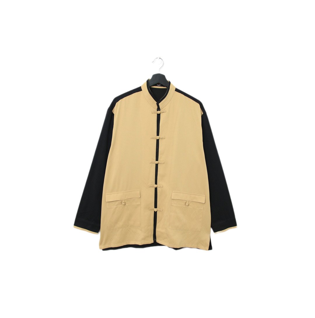 Back to Green-长袖衬衫 拼接黑与卡其中山装T-09//vintage shirt - 男装衬衫 - 棉 