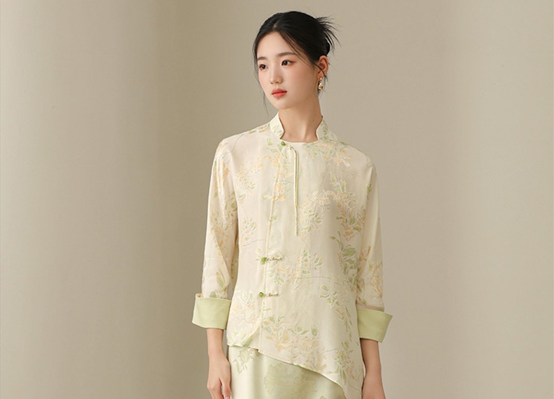 元汐 新中式复古中國風 桑蚕丝盘扣唐装 上衣/半裙 - 女装上衣 - 其他材质 绿色